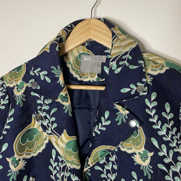 ASOS Blue Green Peacock Jacquard Biker Jacket Artsy Boho Art To Wear US Sz 4 - Picture 11 of 16